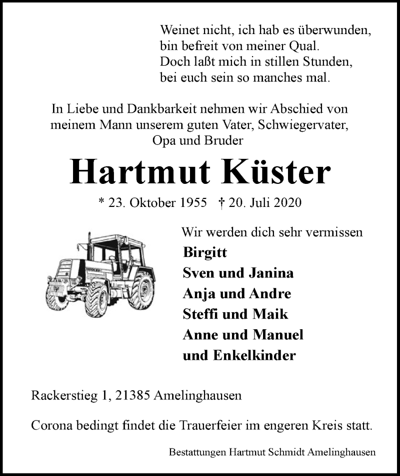  Traueranzeige für Hartmut Küster vom 25.07.2020 aus LZ