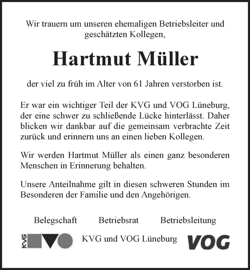  Traueranzeige für Hartmut Müller vom 24.07.2020 aus LZ