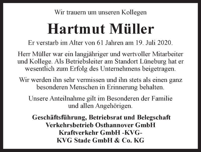  Traueranzeige für Hartmut Müller vom 24.07.2020 aus LZ