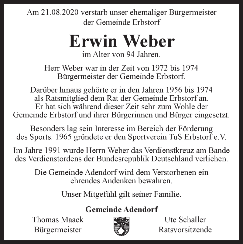  Traueranzeige für Erwin Weber vom 29.08.2020 aus LZ