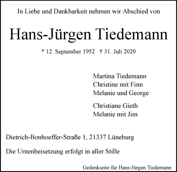 Anzeige von Hans-Jürgen Tiedemann von LZ