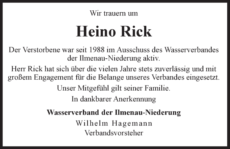  Traueranzeige für Heino Rick vom 19.08.2020 aus LZ