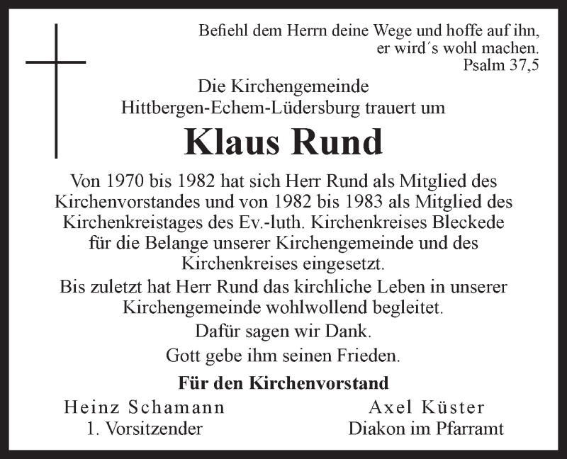  Traueranzeige für Klaus Rund vom 19.08.2020 aus LZ