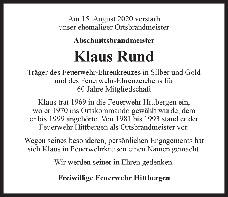  Traueranzeige für Klaus Rund vom 19.08.2020 aus LZ