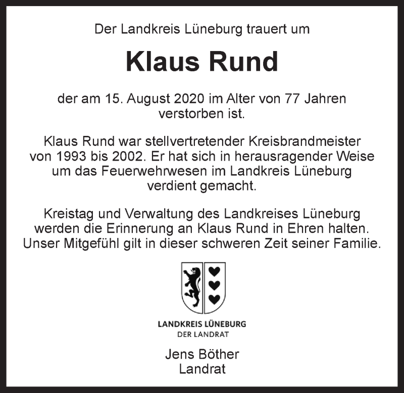  Traueranzeige für Klaus Rund vom 19.08.2020 aus LZ
