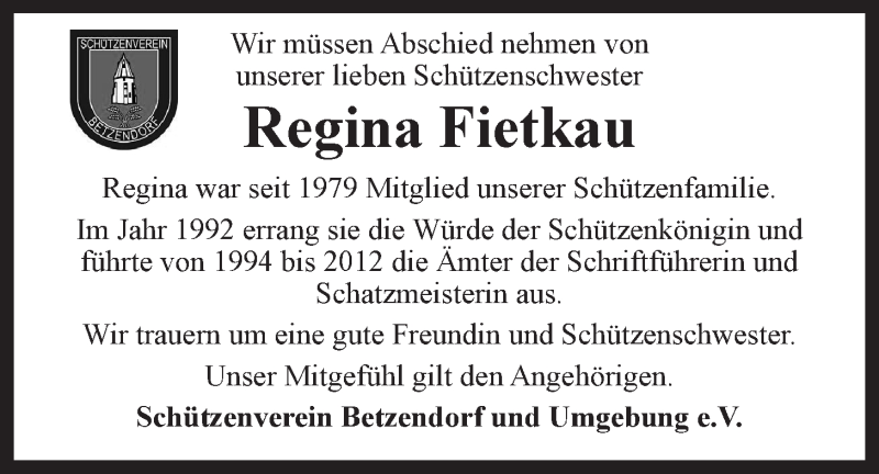  Traueranzeige für Regina Fietkau vom 27.08.2020 aus LZ