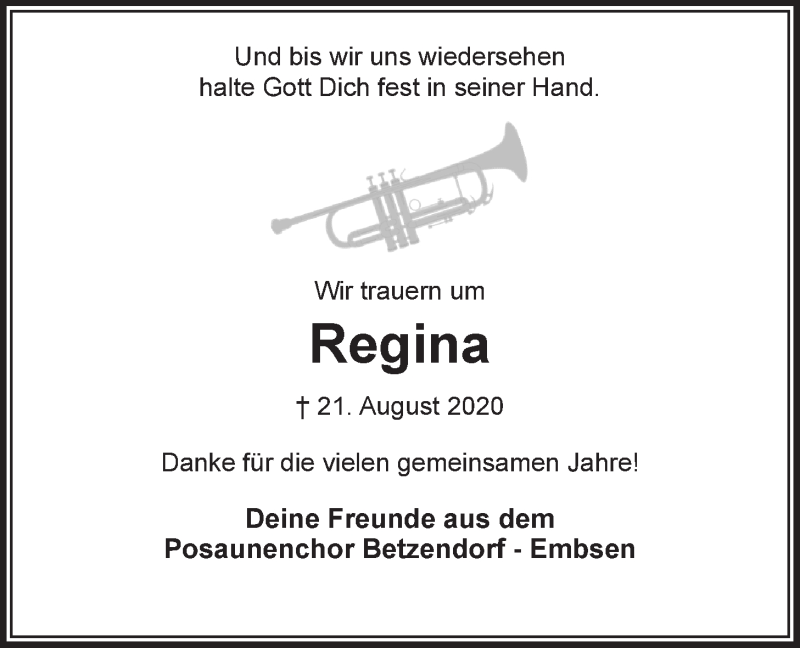 Traueranzeige für Regina Fietkau vom 29.08.2020 aus LZ