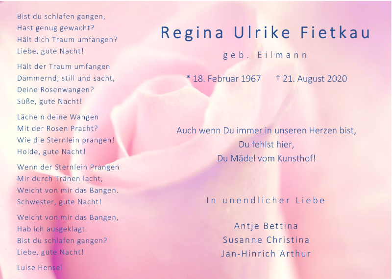  Traueranzeige für Regina Ulrike Fietkau vom 26.08.2020 aus LZ