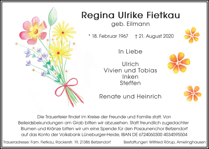  Traueranzeige für Regina Ulrike Fietkau vom 26.08.2020 aus LZ