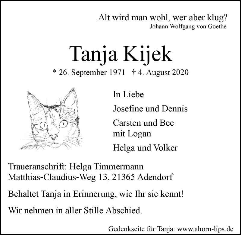  Traueranzeige für Tanja Kijek vom 08.08.2020 aus LZ