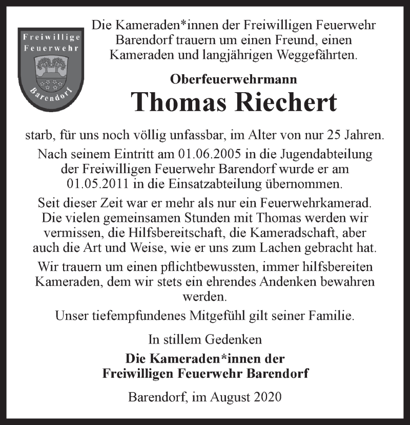  Traueranzeige für Thomas Riechert vom 08.08.2020 aus LZ