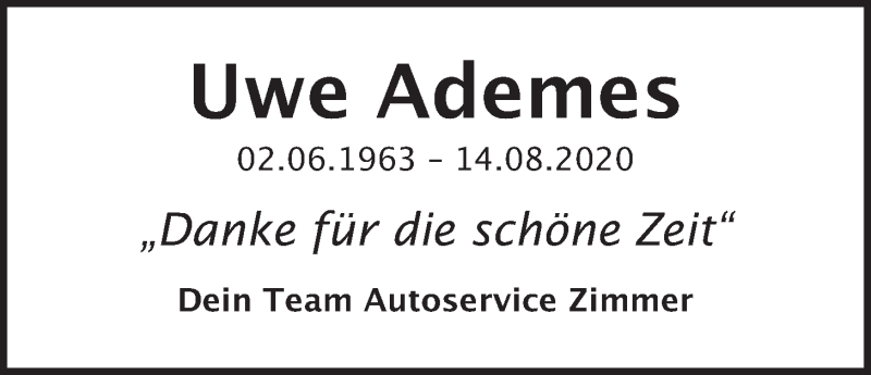 Traueranzeige für Uwe Ademes vom 20.08.2020 aus LZ