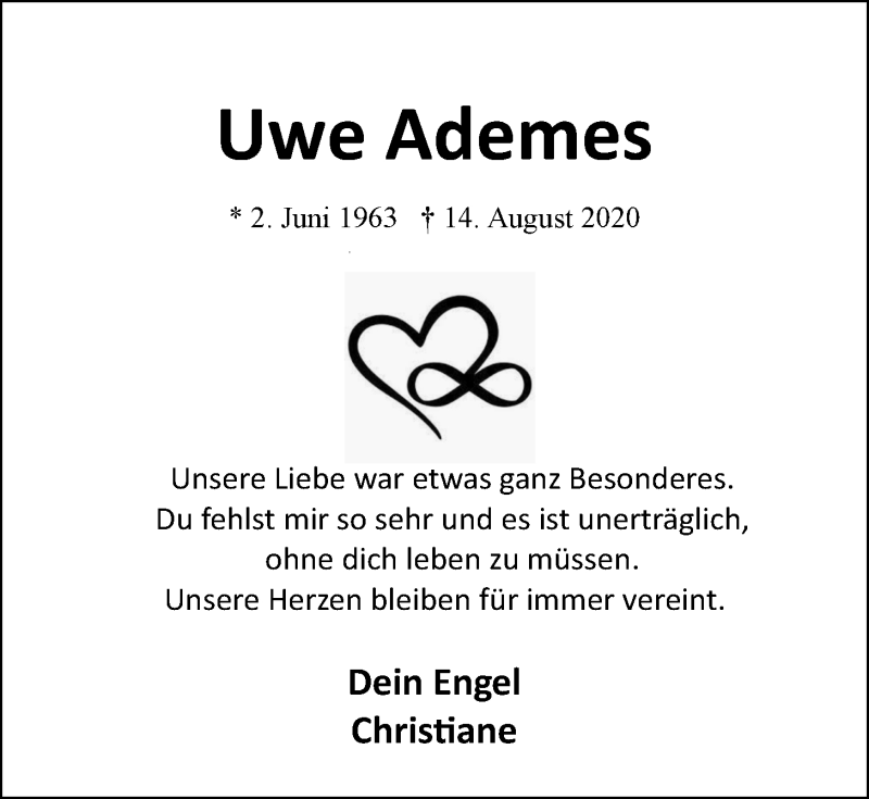  Traueranzeige für Uwe Ademes vom 19.08.2020 aus LZ