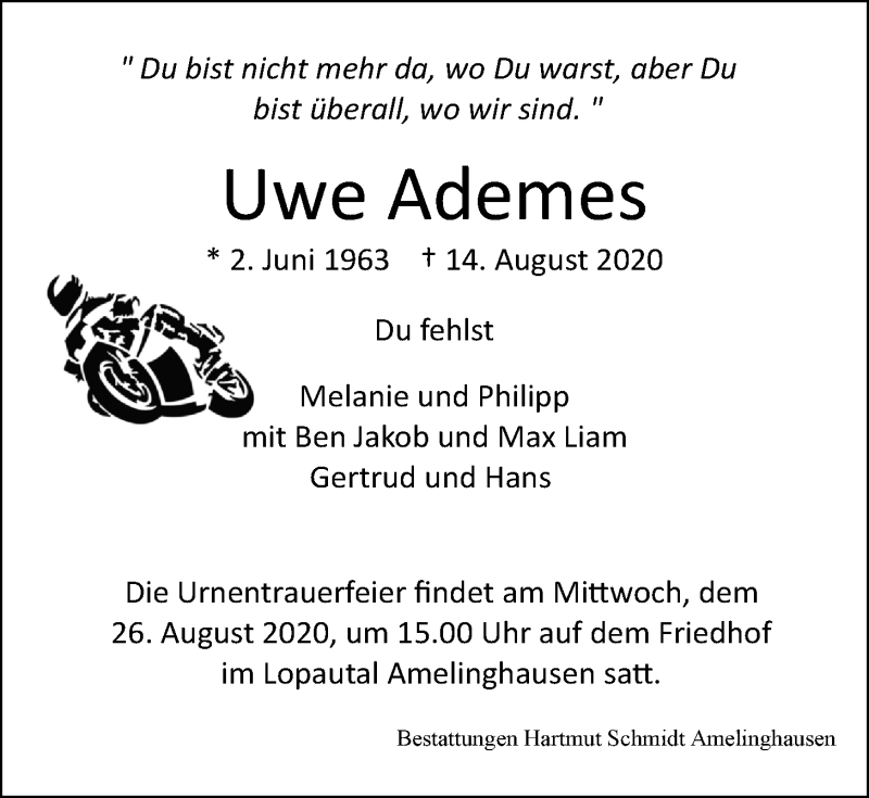  Traueranzeige für Uwe Ademes vom 19.08.2020 aus LZ