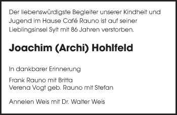 Anzeige von Joachim Hohlfeld von LZ