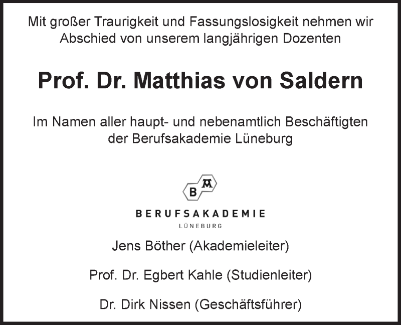  Traueranzeige für Matthias von Saldern vom 26.09.2020 aus LZ