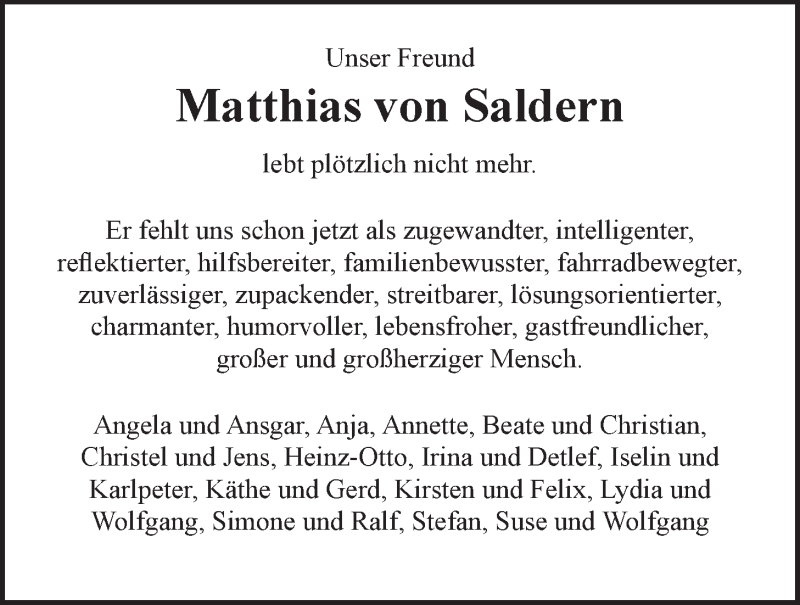  Traueranzeige für Matthias von Saldern vom 26.09.2020 aus LZ