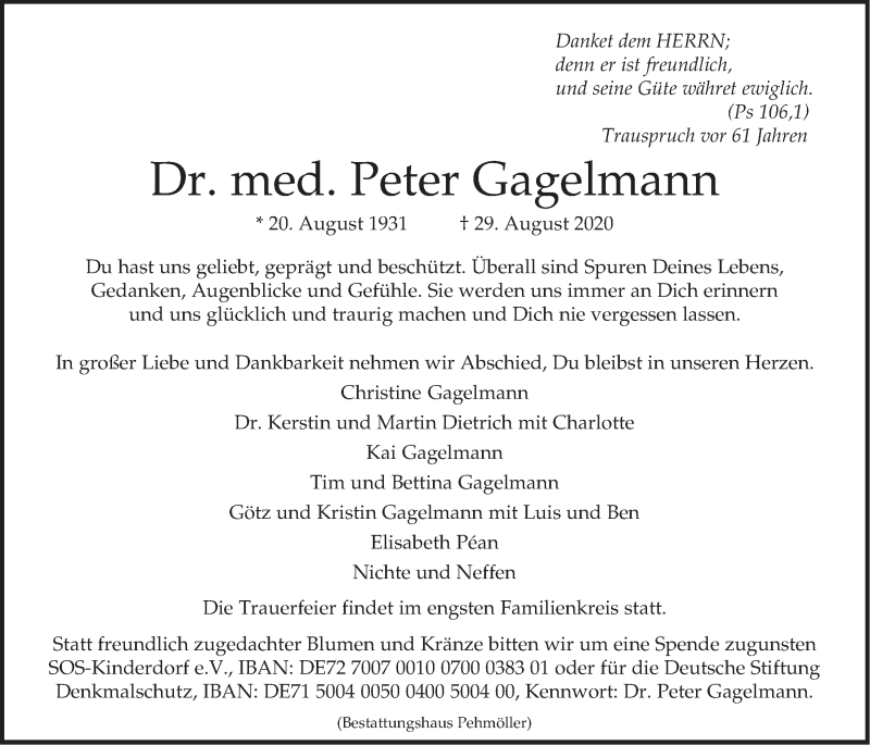  Traueranzeige für Peter Gagelmann vom 05.09.2020 aus LZ