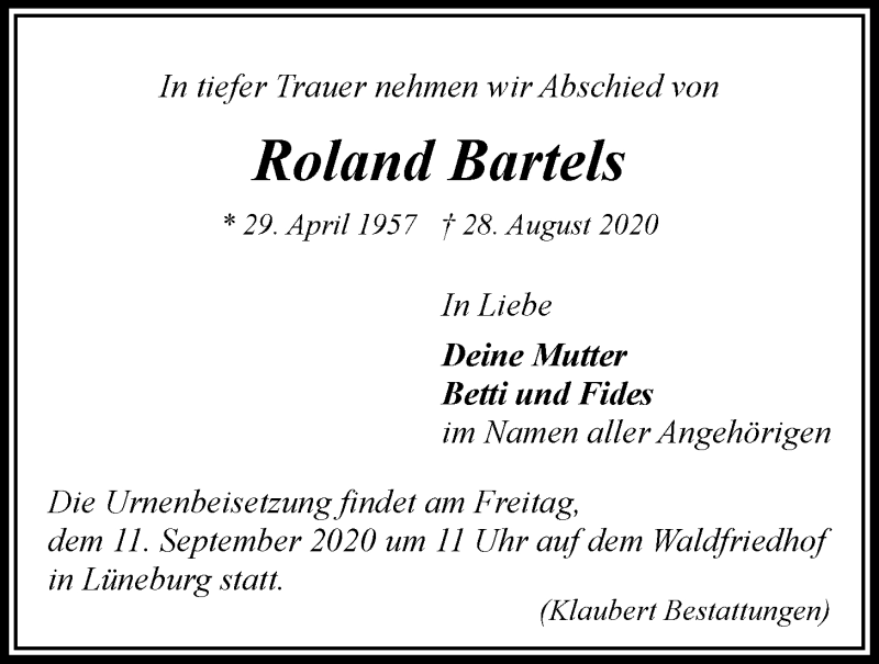  Traueranzeige für Roland Bartels vom 05.09.2020 aus LZ