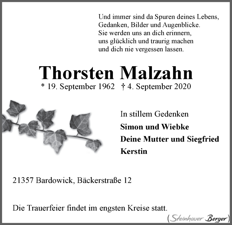  Traueranzeige für Thorsten Malzahn vom 12.09.2020 aus LZ