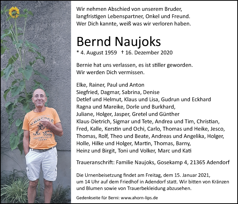  Traueranzeige für Bernd Naujoks vom 09.01.2021 aus LZ