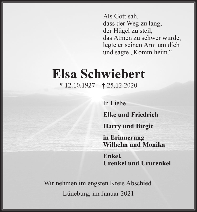  Traueranzeige für Elsa Schwiebert vom 02.01.2021 aus LZ
