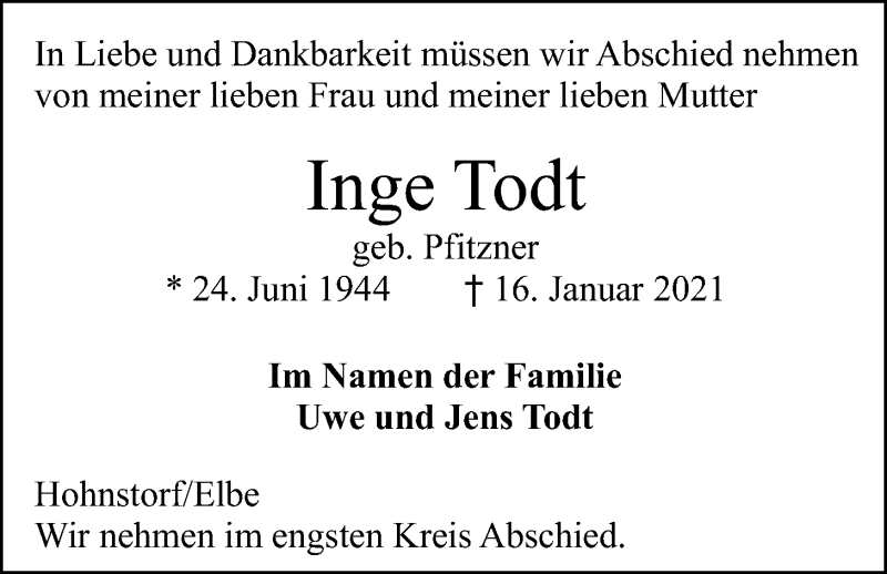  Traueranzeige für Inge Todt vom 23.01.2021 aus LZ