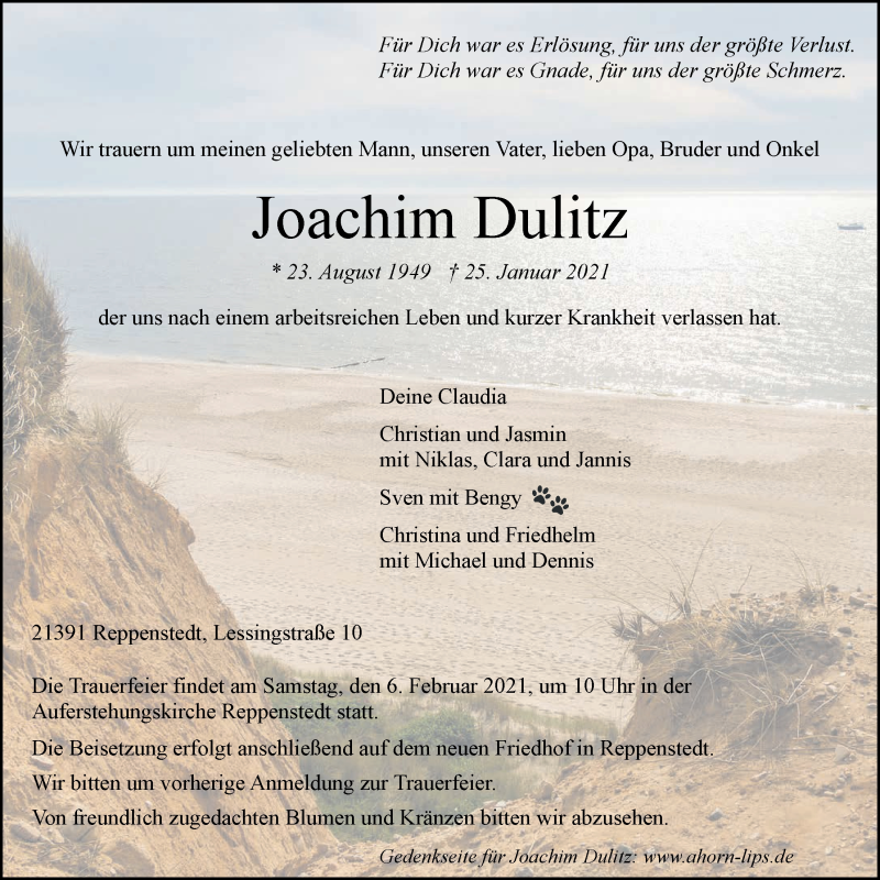  Traueranzeige für Joachim Dulitz vom 30.01.2021 aus LZ