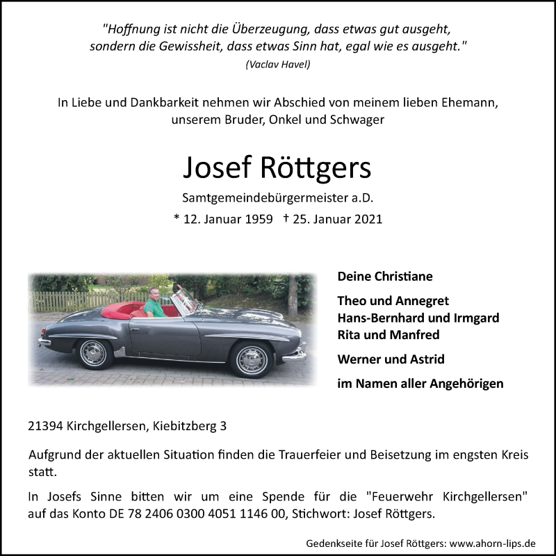  Traueranzeige für Josef Röttgers vom 30.01.2021 aus LZ