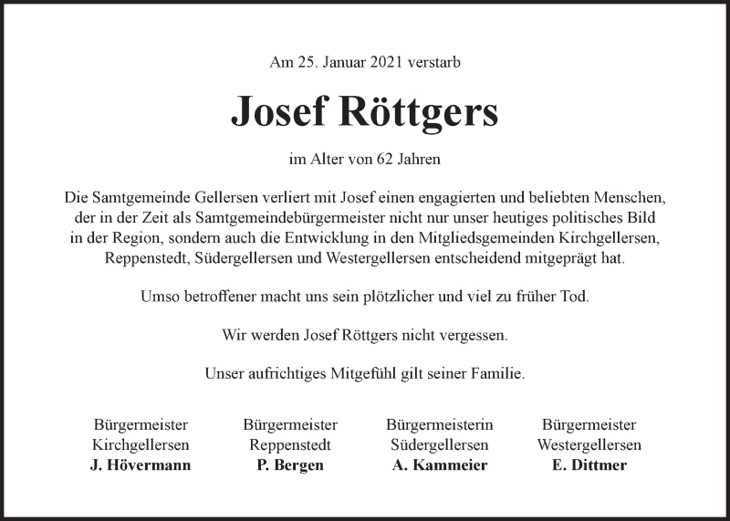 Traueranzeige für Josef Röttgers vom 30.01.2021 aus LZ