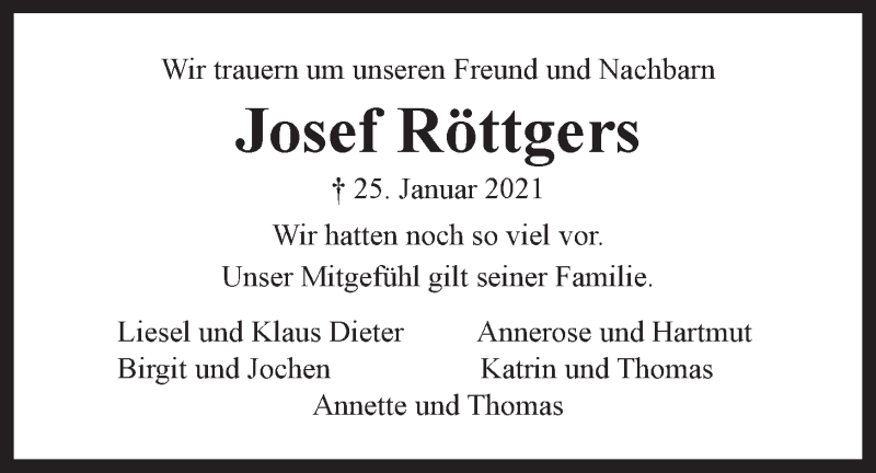  Traueranzeige für Josef Röttgers vom 30.01.2021 aus LZ