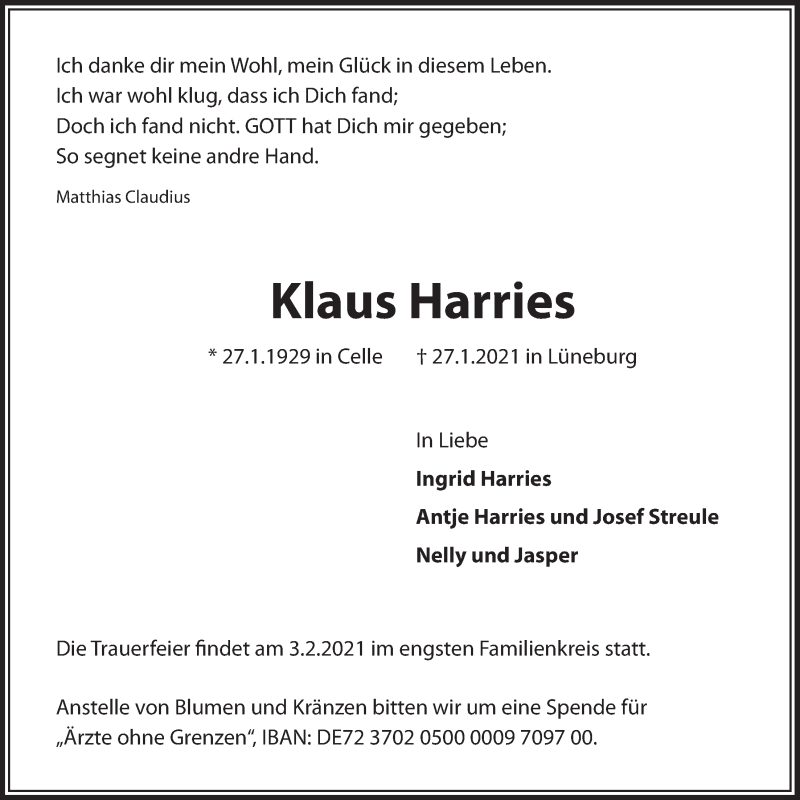  Traueranzeige für Klaus Harries vom 30.01.2021 aus LZ