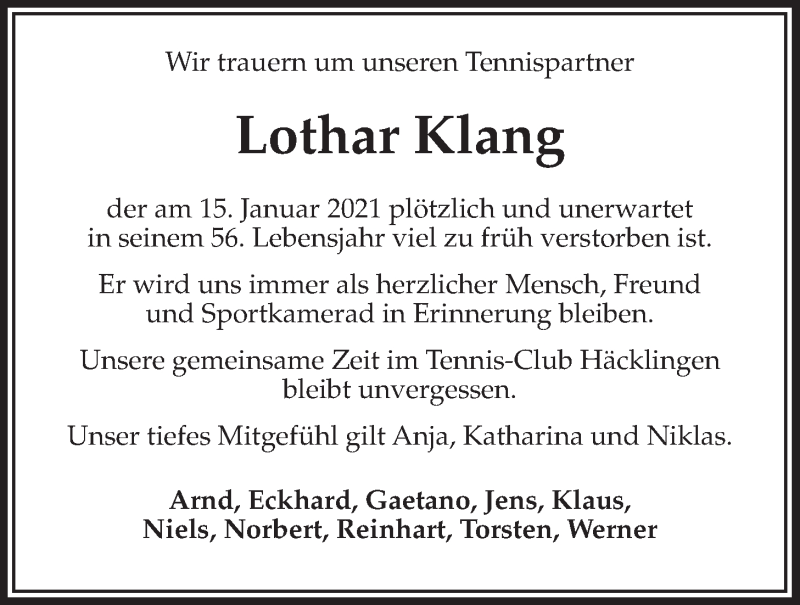  Traueranzeige für Lothar Klang vom 23.01.2021 aus LZ