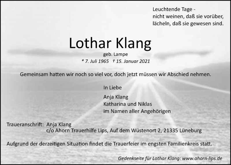  Traueranzeige für Lothar Klang vom 23.01.2021 aus LZ