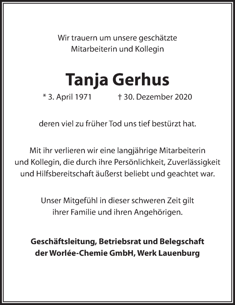  Traueranzeige für Tanja Gerhus vom 09.01.2021 aus LZ