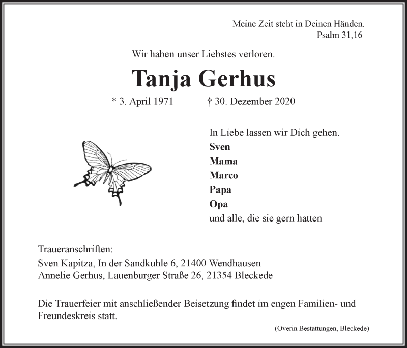  Traueranzeige für Tanja Gerhus vom 09.01.2021 aus LZ
