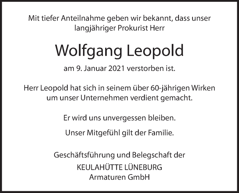  Traueranzeige für Wolfgang Leopold vom 16.01.2021 aus LZ