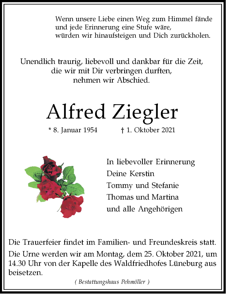  Traueranzeige für Alfred Ziegler vom 09.10.2021 aus LZ