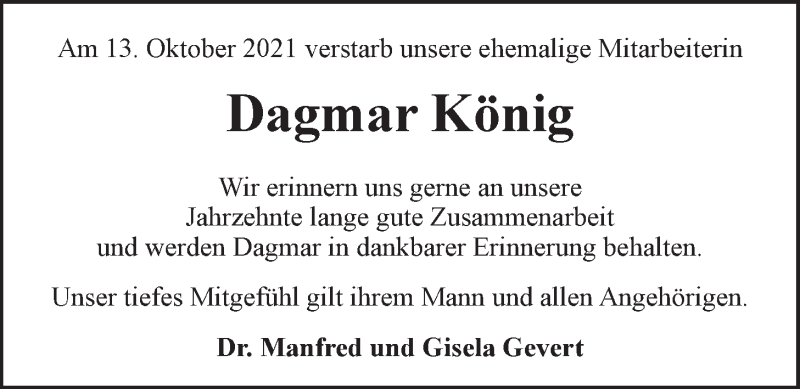  Traueranzeige für Dagmar König vom 27.10.2021 aus LZ