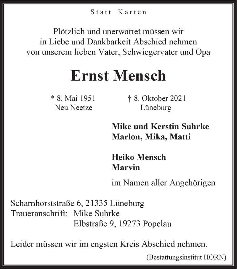  Traueranzeige für Ernst Mensch vom 30.10.2021 aus LZ