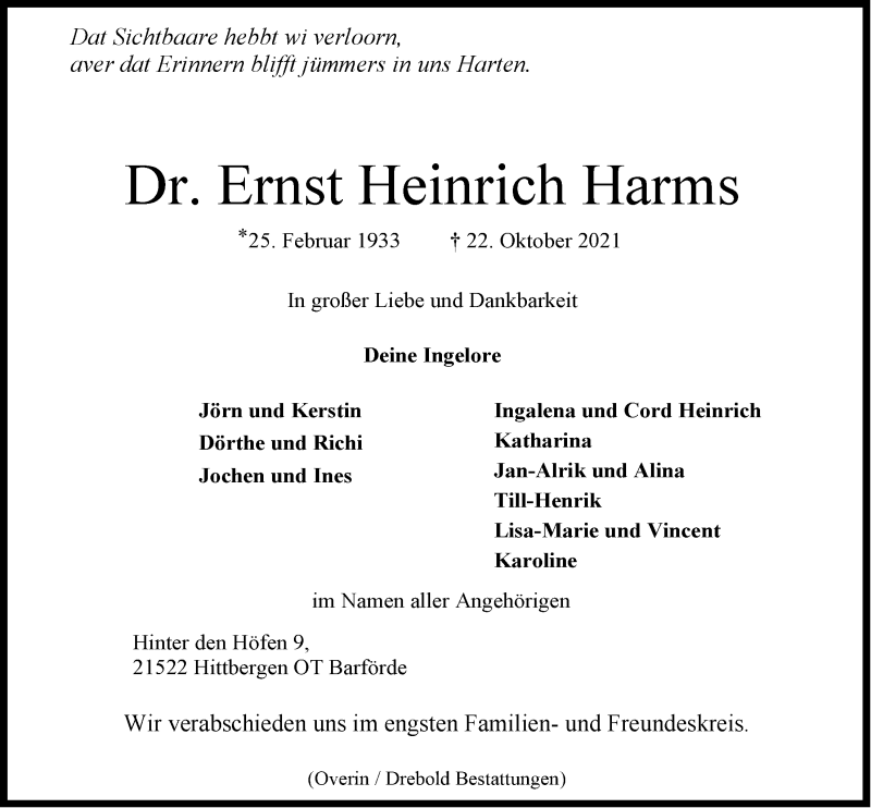  Traueranzeige für Ernst Heinrich Harms vom 30.10.2021 aus LZ