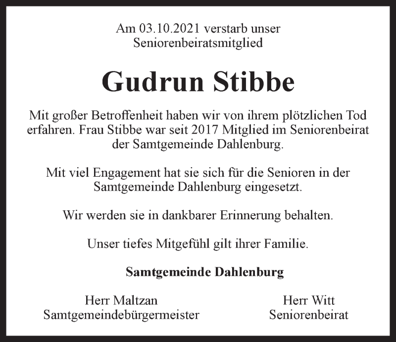  Traueranzeige für Gudrun Stibbe vom 09.10.2021 aus LZ