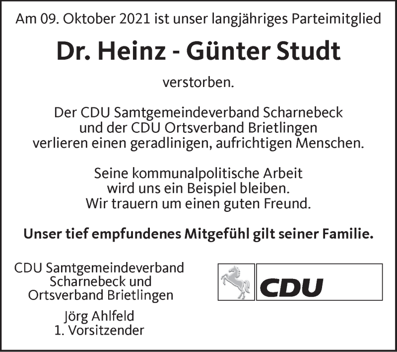  Traueranzeige für Heinz-Günter Studt vom 16.10.2021 aus LZ