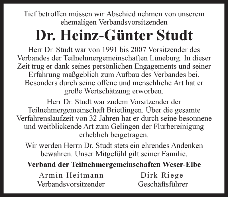  Traueranzeige für Heinz-Günter Studt vom 16.10.2021 aus LZ