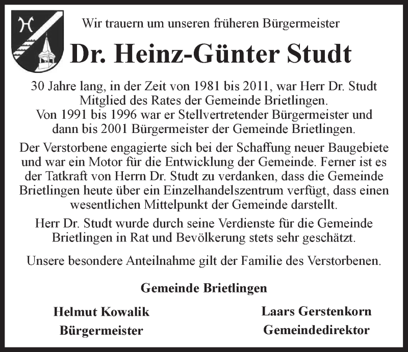  Traueranzeige für Heinz-Günter Studt vom 16.10.2021 aus LZ
