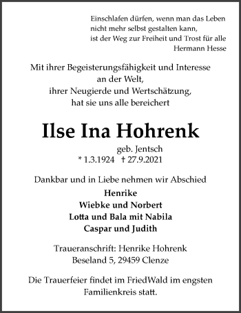 Anzeige von Ilse Ina Hohrenk von LZ