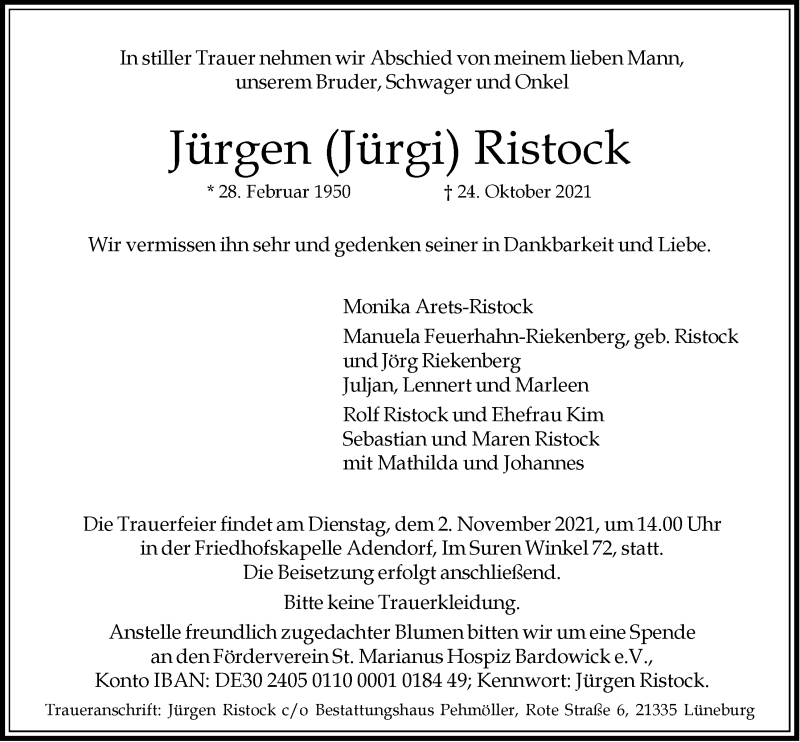  Traueranzeige für Jürgen Ristock vom 30.10.2021 aus LZ