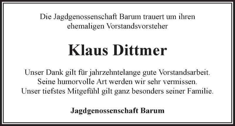  Traueranzeige für Klaus Dittmer vom 06.10.2021 aus LZ