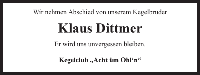  Traueranzeige für Klaus Dittmer vom 06.10.2021 aus LZ