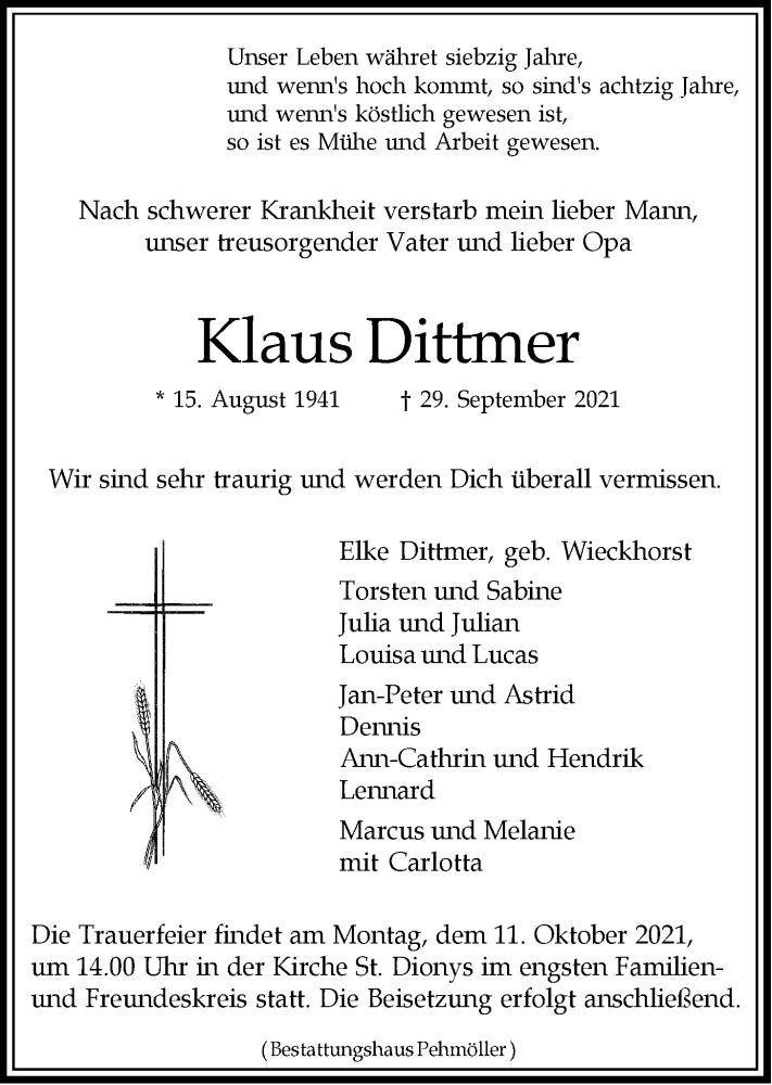  Traueranzeige für Klaus Dittmer vom 06.10.2021 aus LZ